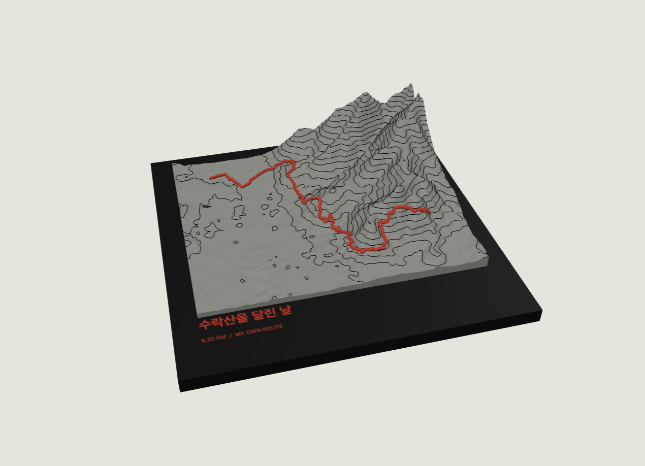 서울둘레길 GPX로 렌더링한 뱀부랩 PLA Basic Black·Gray·Red 3D 플라크 미리보기
